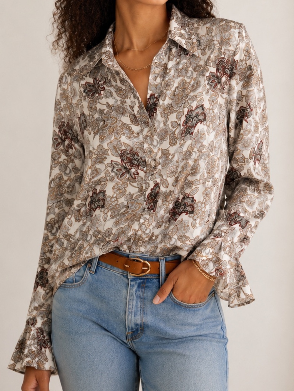 FRAME Silk Top XL Ivory Paisley Floral Button Front Blouse